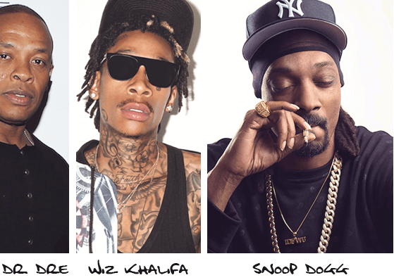 Dr. Dre, Wiz Khalifa和Snoop Dogg的拼贴画