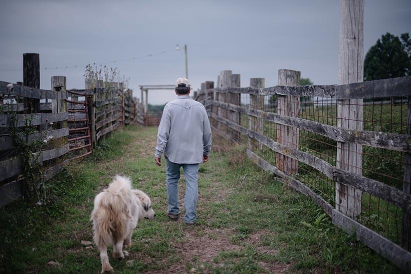 李·麦考密克（Lee McCormick）和他的狗一起在农场上。